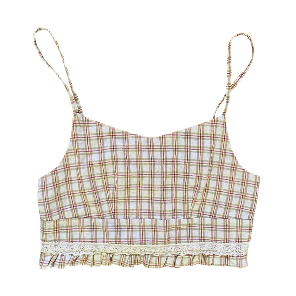 POL Women’s Plaid Lace Detailed Cropped Cami Tank Top Size Medium Smocked Y2K